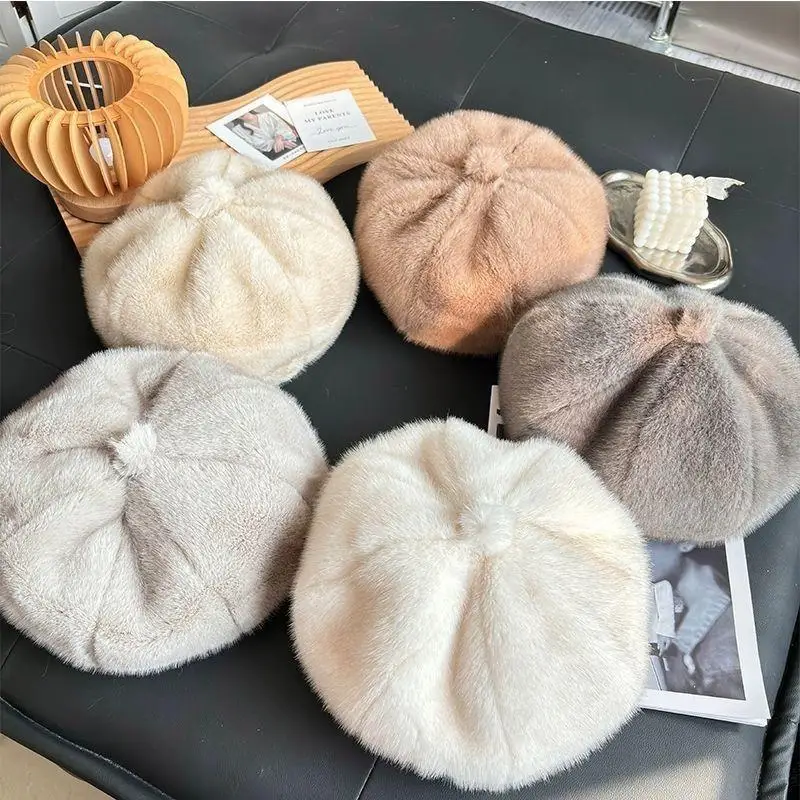 Inverno mais quente boinas de pelúcia para mulheres imitação de pele de vison chapéu engrossar francês quente peludo pintor chapéu feminino meninas boné presente de natal