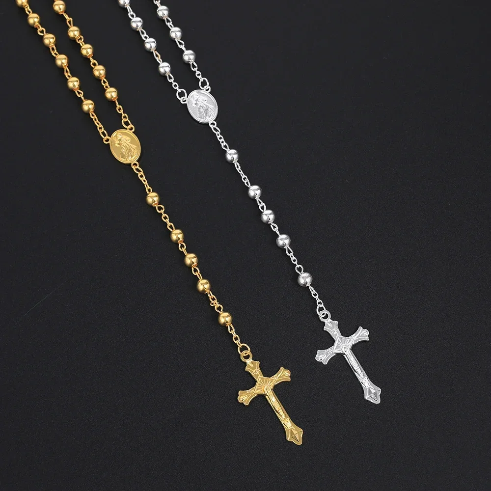 Gold Color Rosary Necklace For Women Men Long 6MM Beads Chain Crucifix Cross Pendant Religious Prayer Party Jewelry Gift