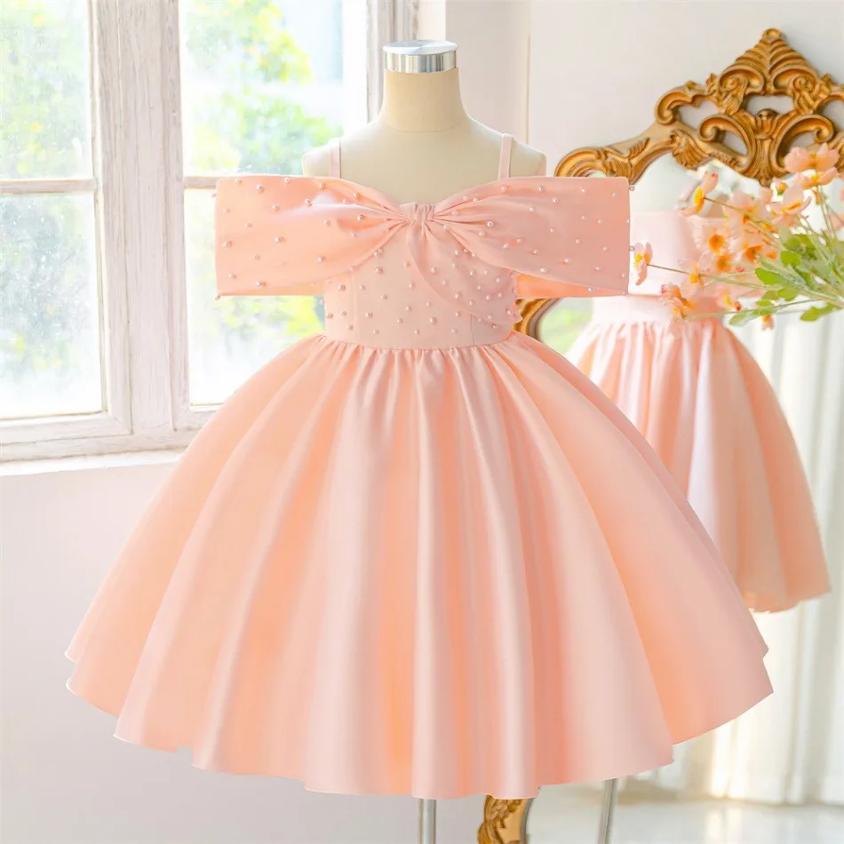 Girls Pink Satin Dress Off Shoulder Pearl Bow Detail Elegant Birthday Wedding Party Princess Gown Kids Pageant Party Dress ASQ03