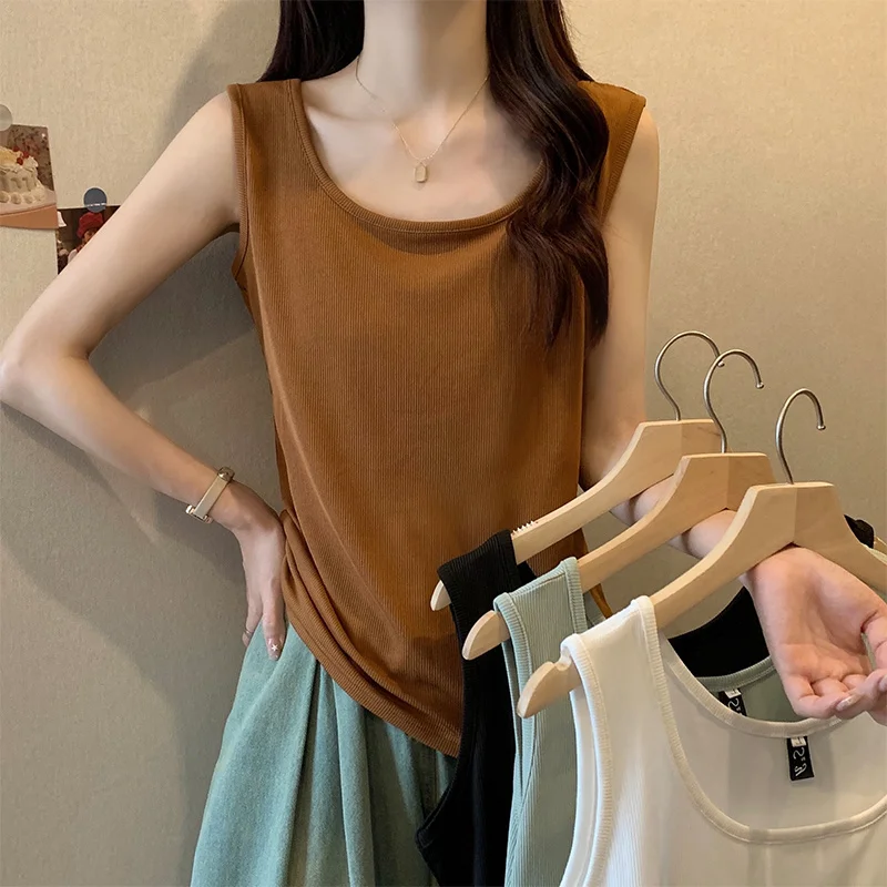 

plus Size Women's Summer Sleeveless Tank Top Inner Wear Outerwear Loose Fit round Neck Casual Basic Color Block Design