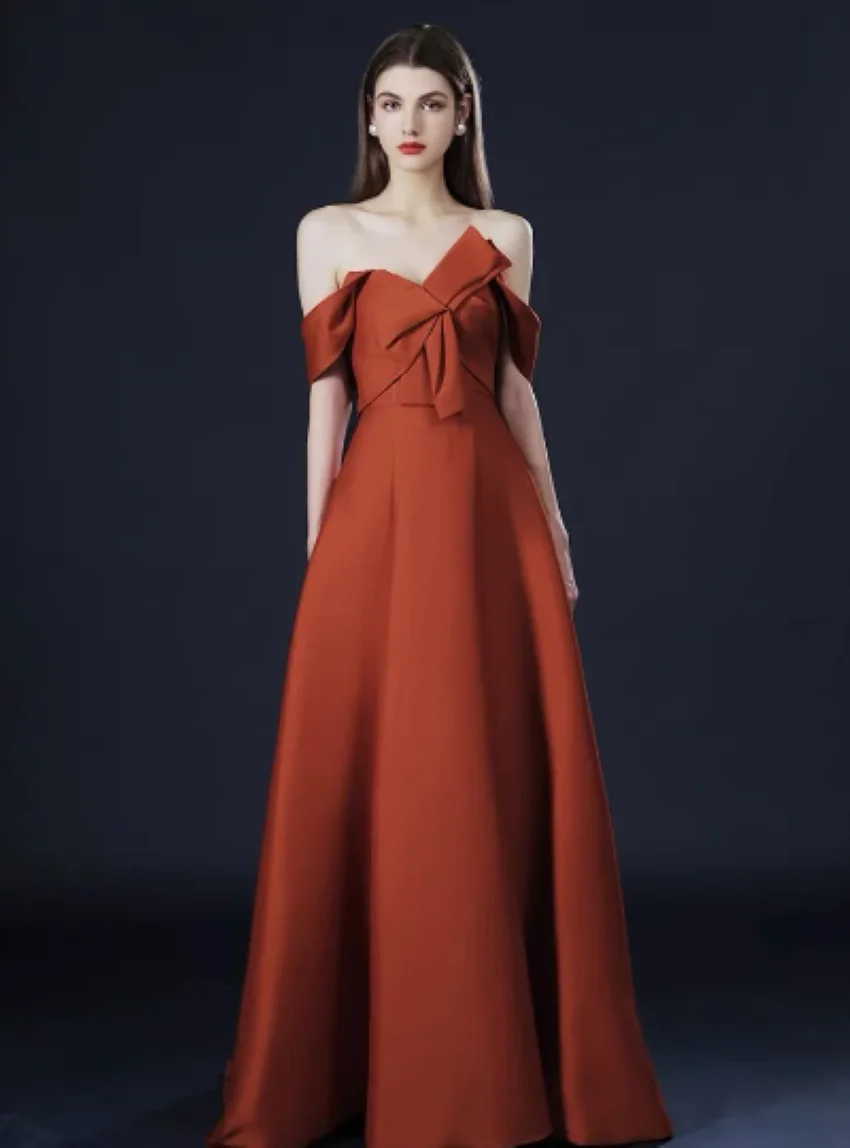 Othray A-Line Backless Satin Long Elegant Celebrity Prom Party Gowns 2023 Boat Neck Evening Dresses Brick Red Off The Shoulder