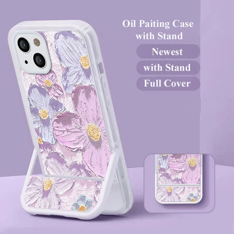 Oil Painting Flowers Phone Cases with Stand for iPhone 16 15 12 Pro Max Apple 14 Plus 13 11 Back Cover Soft Silicone Mobile Case