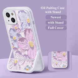 Oil Painting Flowers Phone Cases with Stand for iPhone 16 15 12 Pro Max Apple 14 Plus 13 11 Back Cover Soft Silicone Mobile Case