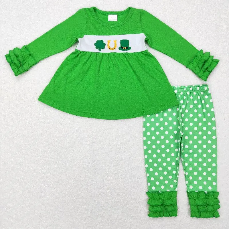 

New rts Infant Girls St. Patrick's Day Suit Wholesale Boutique Embroidered Four Leaf Clover Green Long Sleeve Girls Pants set