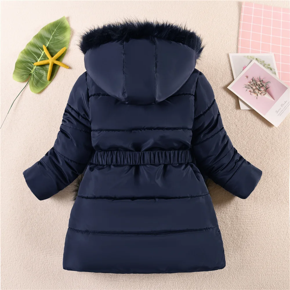 2024 New Winter Keep Warm Girls Jacket Waist Belt Design Detachable Hat Lining Plush Hooded Heavy Coat For Kids