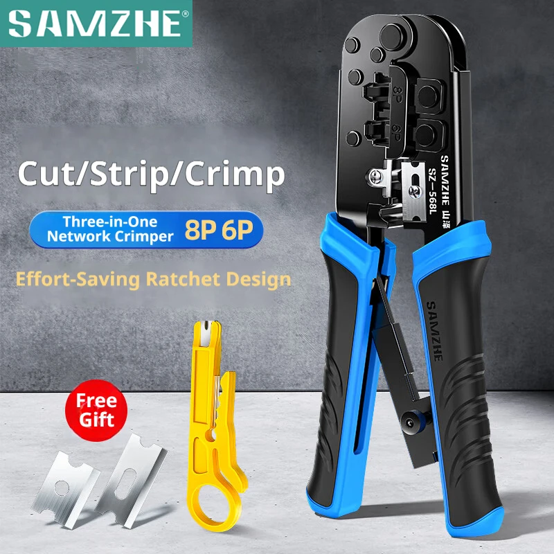 SAMZHE RJ11 RJ12 RJ45 Crimping Tool Ethernet Network LAN Cable Crimper Cutter Stripper Plier Effort-saving Design for 6P 8P