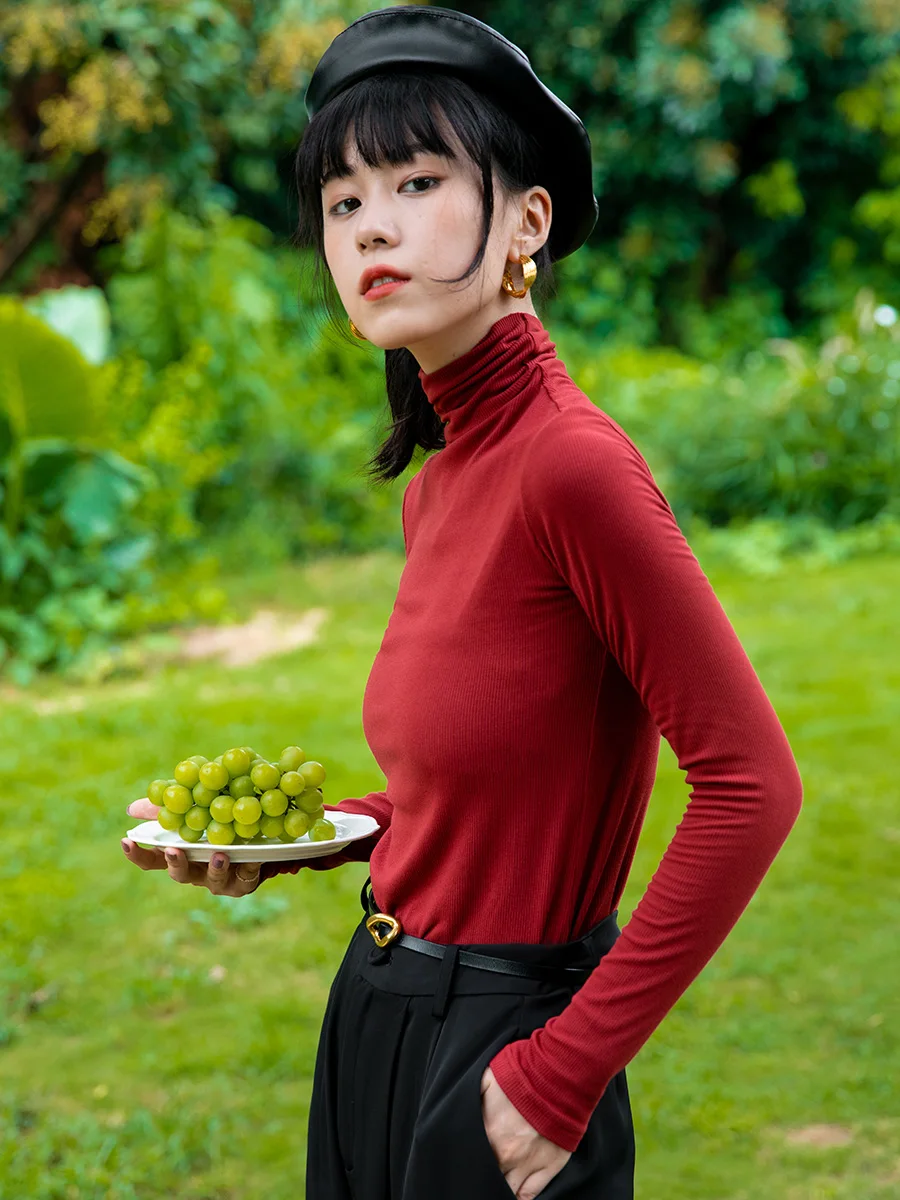 

Slim Fit High Collar Long Sve Bla T-irt Thin Pure Color Commute Sle Women's Summer Top Stretch Polyester Fiber