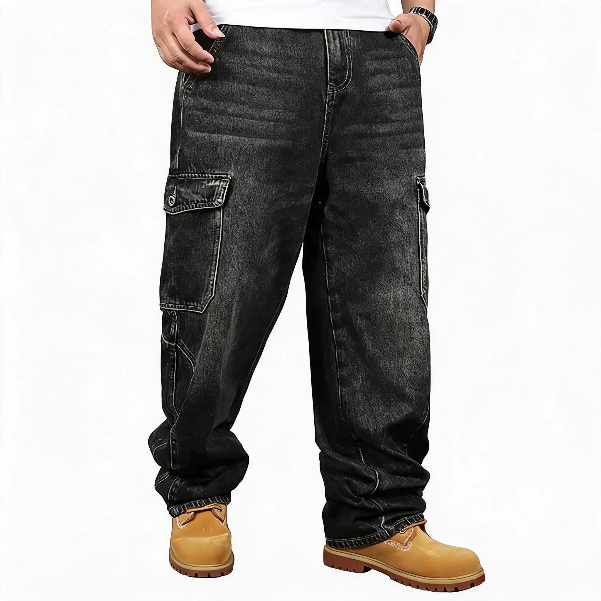 Spring and Autumn New Fashion Solid Color American Retro Multi-pocket Cargo Jeans Men's Casual Loose Sport High Quality Jeans