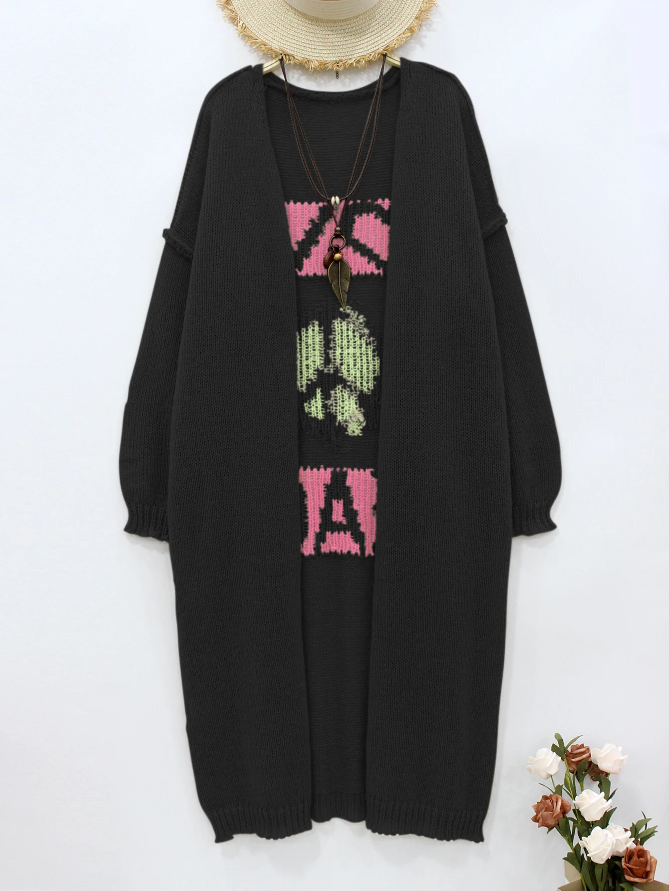 Nowy, rozmiar plus size, jesienno-wiosenny, casualowy, żakardowy, luźny płaszcz trencz do kolan, dzianinowy kardigan, sweter, miłość i pokój.