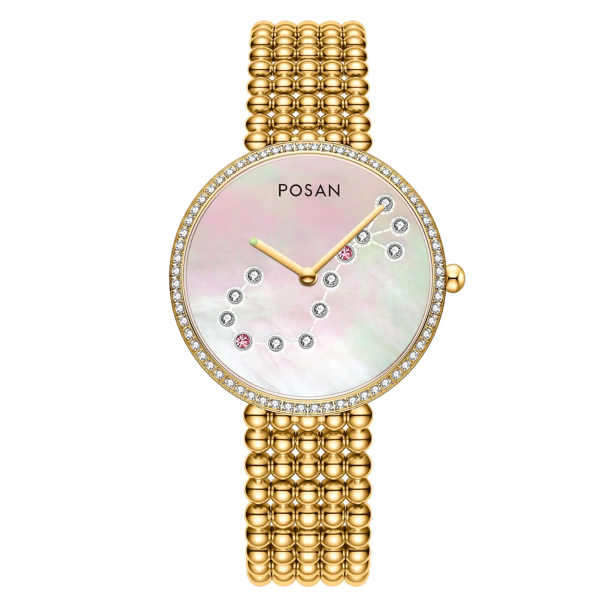 ساعة بوسان كلاسيكية كوارتز للنساء مع قشرة اللؤلؤ ومجموعة الأحجار الكريمة وسوار خرز من الفولاذ المقاوم للصدأ PSW-001C