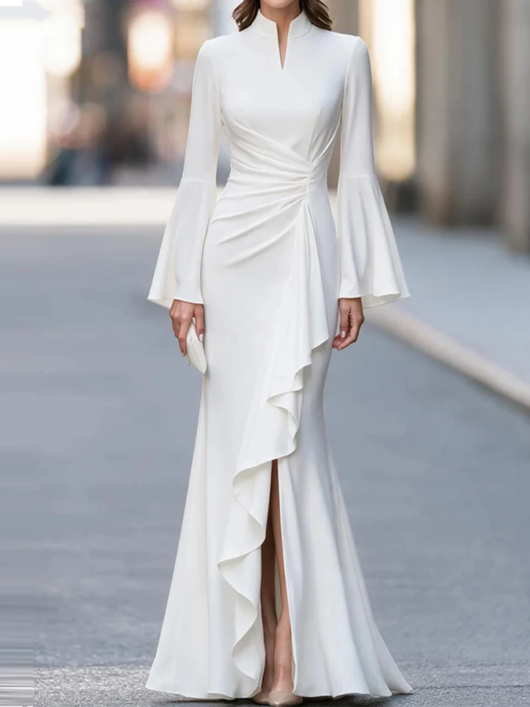 Simple Solid Long Sleeved Slim Dress Elegant Stand Up Collar Ruffle Edge Slit Dress Temperament Pleate Waist Banquet Party Dress