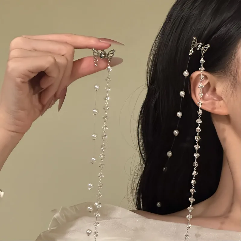Hollow Out Butterfly Hair Claw Clips Glass Imitation Pearl Beads Long Tassel Hair Clip Super Fairy Hair Hairpins for Wedding A1