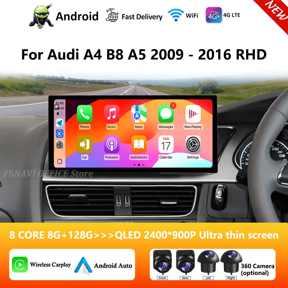 Right Hand Drive For Audi A4 B8 A5 2009 - 2016 Car Radio Multimedia Player Android 16 DSP Stereo QLED Screen WiFi GPS Navi 4G BT