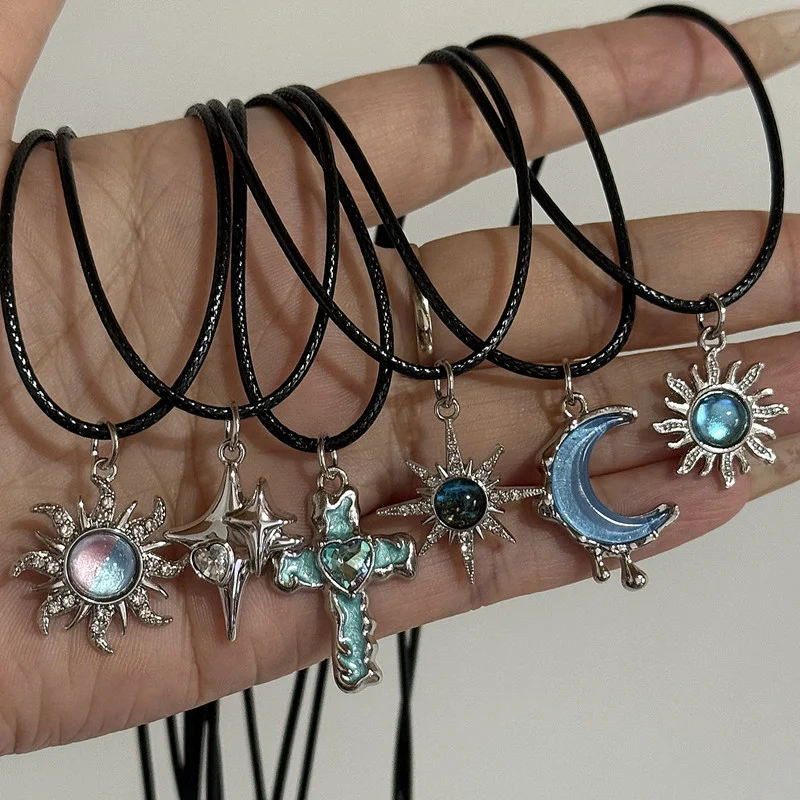 6Pcs Y2K Celestial Necklace Set Sun Moon Star Cross Rainbow Imitation Crystal Pendant Black Wax Rope Aesthetic Necklace