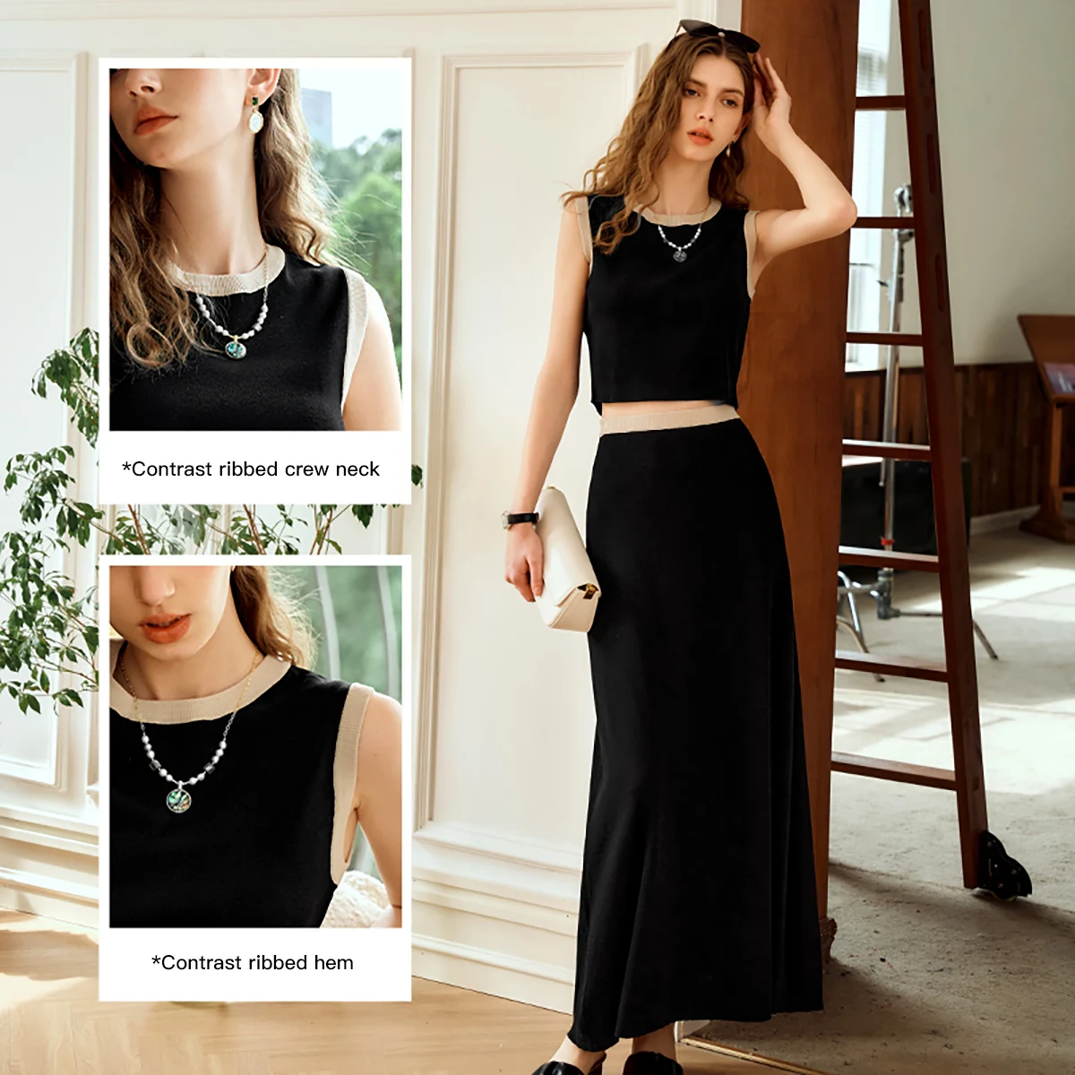 OLrain 2-częściowe komplety dzianinowe spódnico-spodnie damskie, stroje na lato 2025, codzienne crop topy bez rękawów, elastyczna talia, długa spódnica O24XE86321