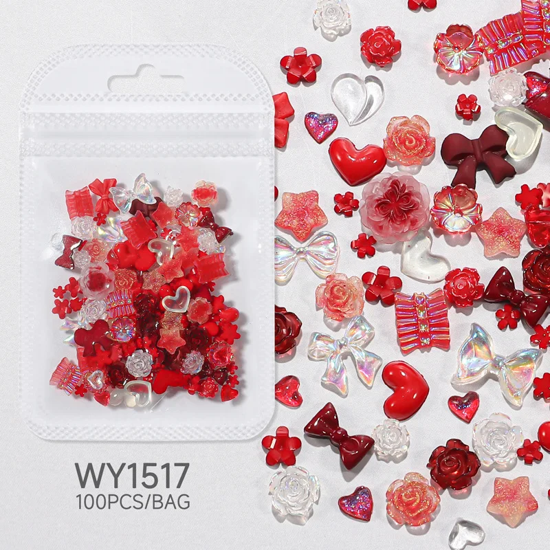 

400 шт., аксессуары для дизайна ногтей, подвески из смолы, сердце, бант, цветы, формы, сделай сам, маникюрный декор, украшения для ногтей, принадлежности