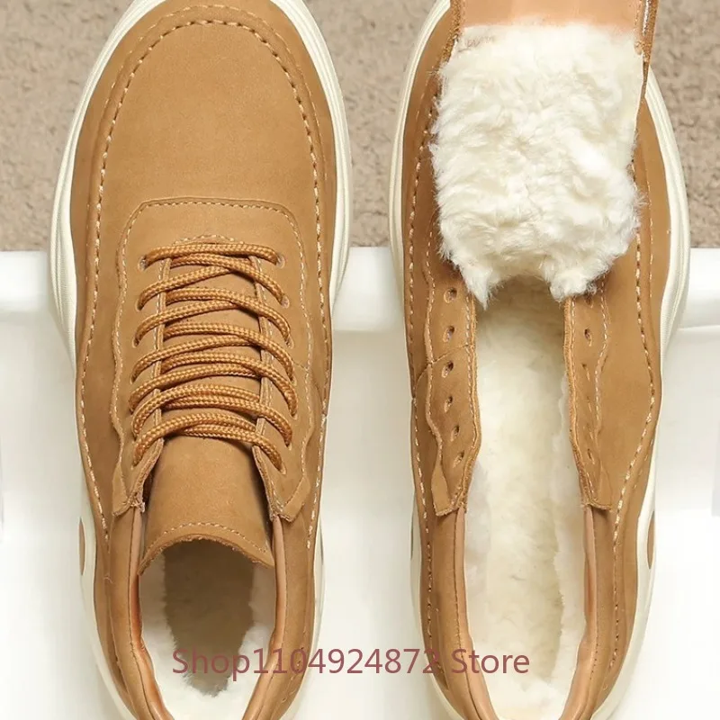Winter Men Mid-top Thick Sole Casual Snow Boots Male Genuine Leather Warm Wool Fur Lace-up Platform Walking Cotton Shoes
