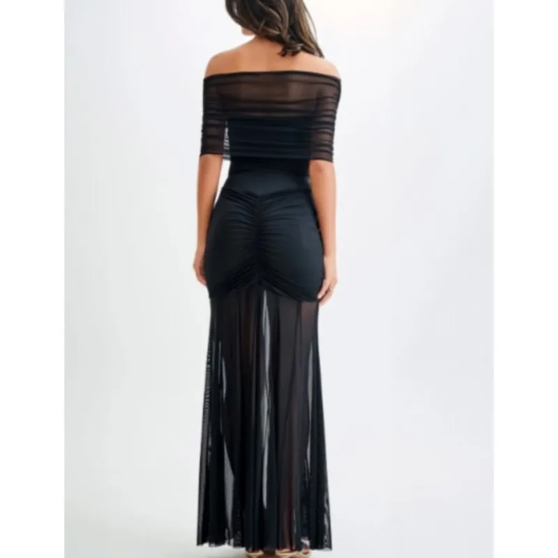 Femmes maille Patchwork une épaule longues robes Sexy sans manches plissé mince robe de soirée élégante solide robe de soirée automne robe