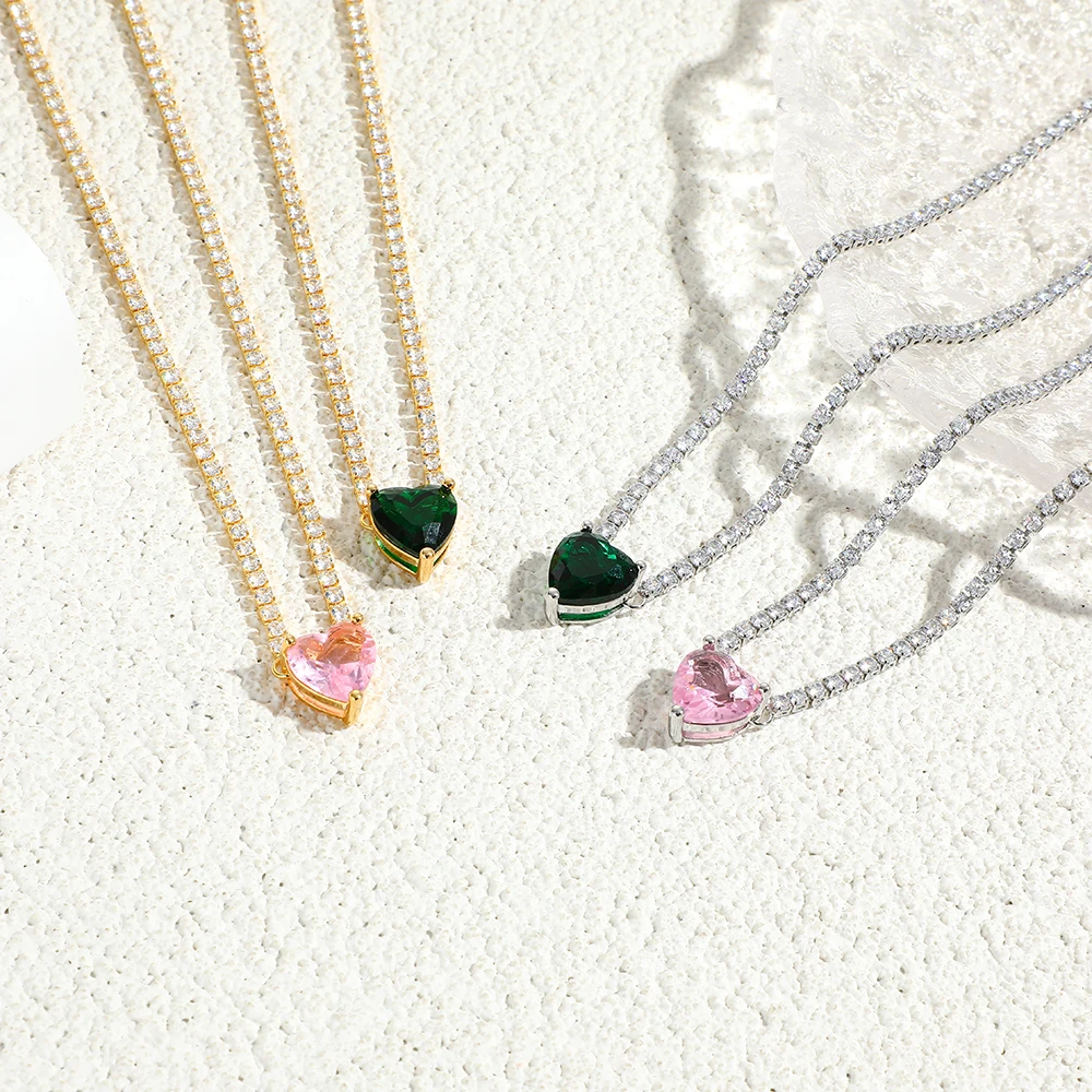 Fashion Pink Heart Zircon Necklace For Women Girls Silver Color Shiny Love Clavicle Tennis Chain Necklaces New Trend Jewelry