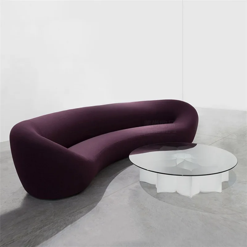 Italian minimalist villa living room dark purple fabric multi-person curved sofa
