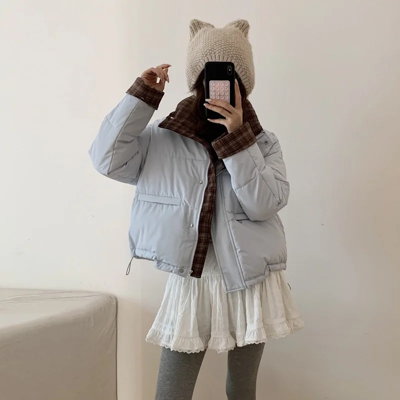 

Winter New Plaid patchwork Short Cotton Jacket Women Loose Fashion Stand Up Collar Long Sleeve Top Thickened Warm Coat Trendy