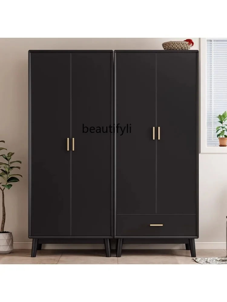 Solid Wood Wardrobe Black Retro Two-Door Double-Door Wardrobe Modern Minimalist Bedroom and Household Storage Locker