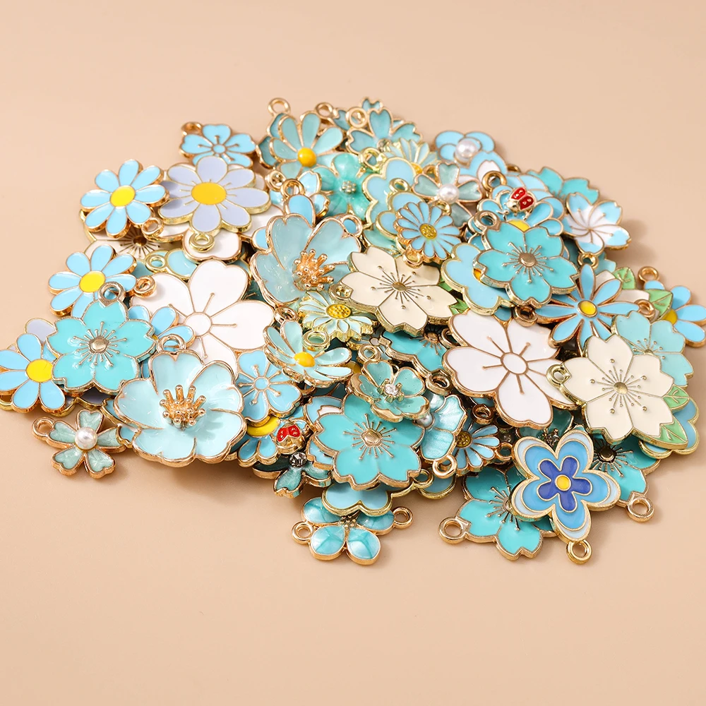 Leslie 20pcs Cute Enamel Blue Flowers Charms Pendants for Necklace Bracelet Earring Jewelry Making Accessories DIY Supply