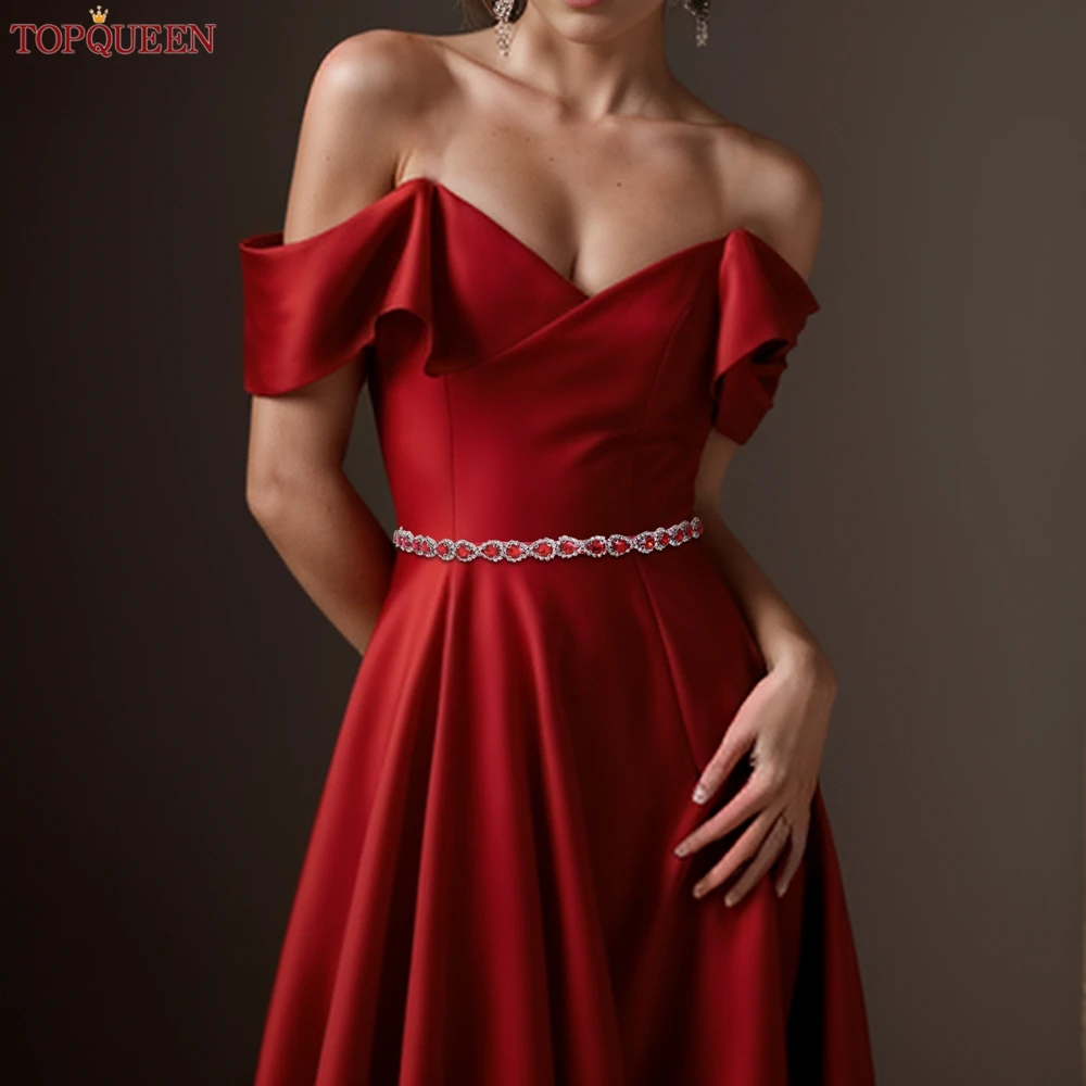 Topqueen pedra vermelha longo cinto de casamento vestido formal vestido de noite acessórios de cintura artesanal banquete feminino faixa fina S190-vermelho