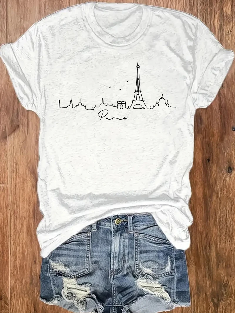 Eiffel Tower Paris Graphic Print Women T Shirt Short Sleeve Crew Neck Summer Casual Tops for Women Clothes