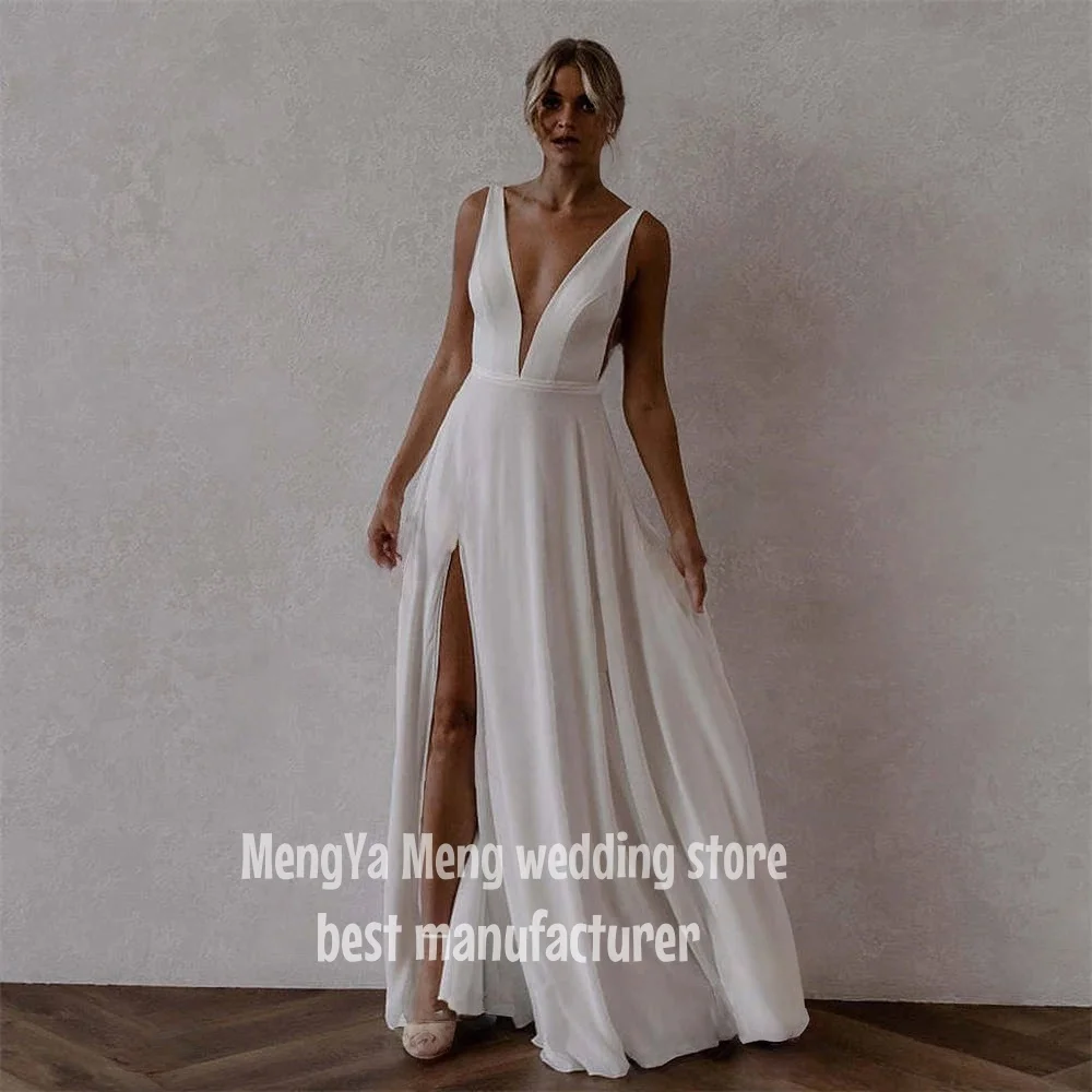 ZHUISHU 2025 Vintage Wedding Dresses Sexy V neck High Slit Pleat Spaghetti Strap Brides Dress Simple Floor-Length Wedding Gown