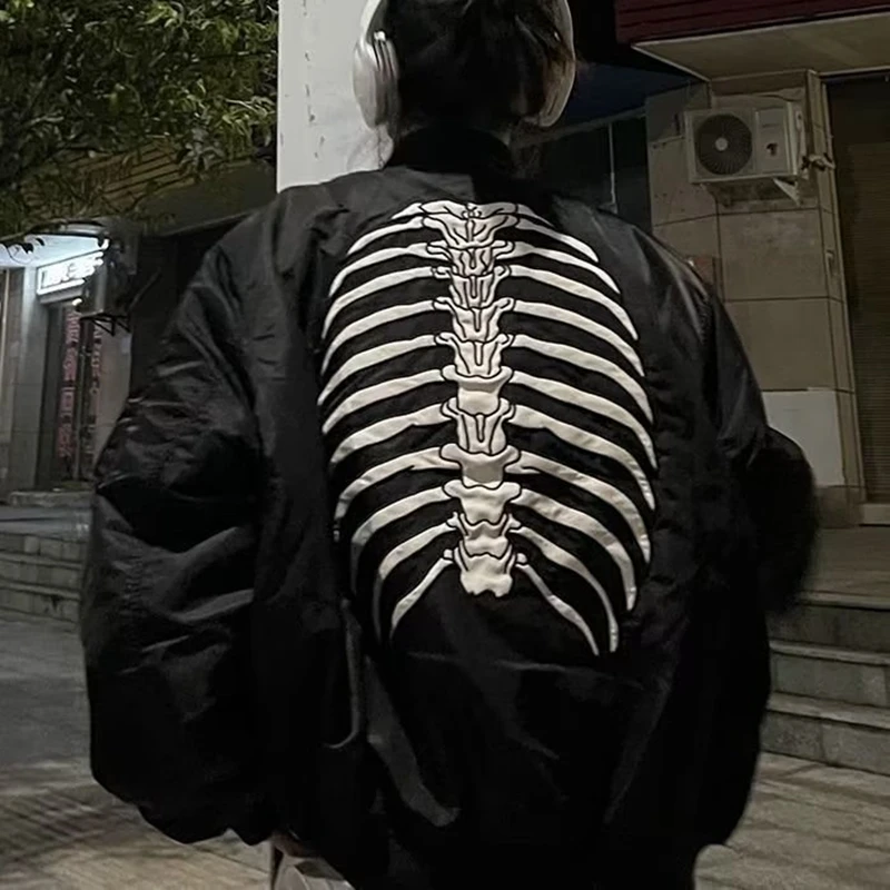 y2k Bomber Jackets Men Women Black Gothic Skeleton Harajuku Baseball Varsity Jacket American Vintage Autumn Outerwear New