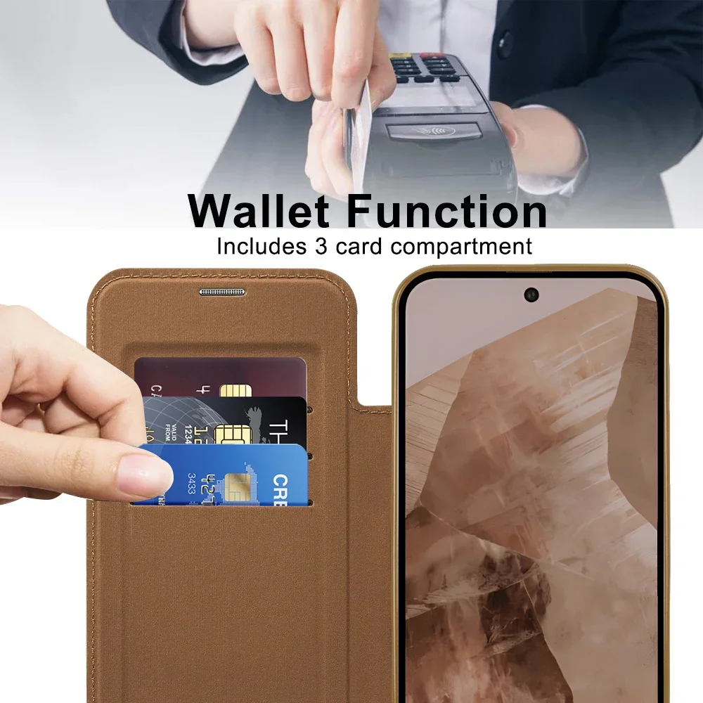 Luxury Leather Wallet Card Clip Magnetic Clear Phone Case for Google Pixel 9 Pro XL 8A 7A Plating Wireless Charging Flip Cover