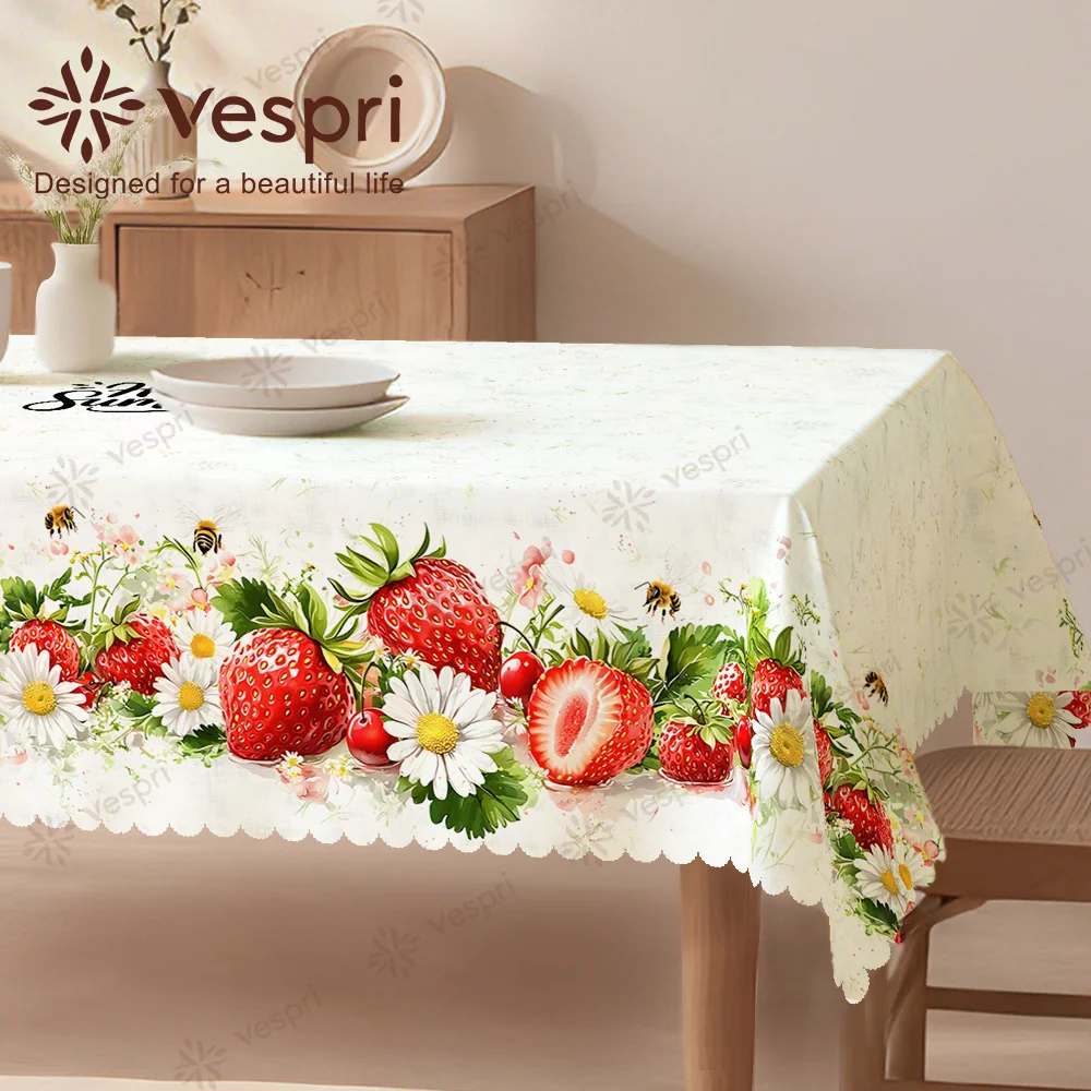 Fruit tablecloth, white and green decorations, strawberries, daisies and bees