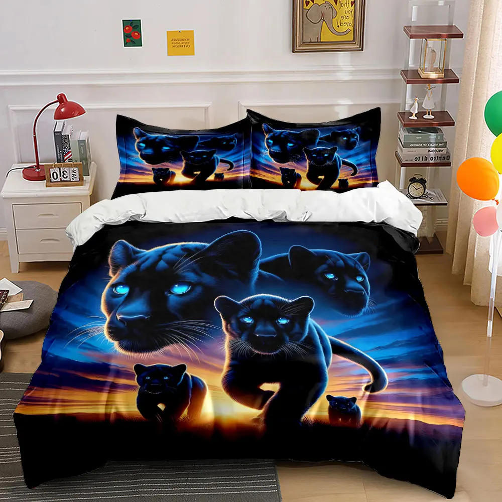 Black panther family at golden sunrise Duvet Cover Set with 3D Printing Design Soft Polyester Bedding Set All-Season Comfort
