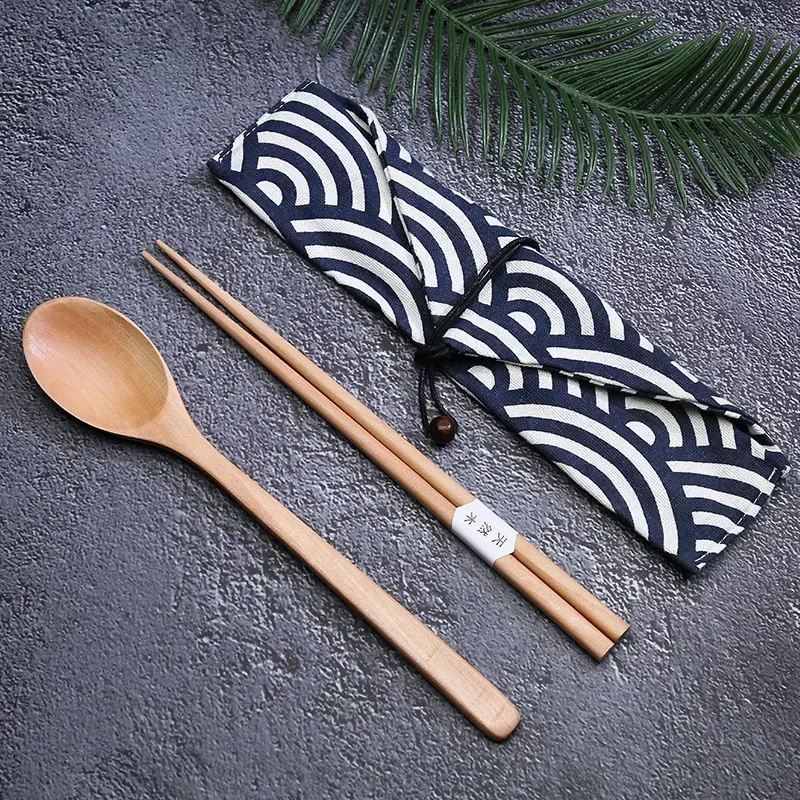 2 Pcs Spoon Chopsticks Cutlery Cloth Bag Wooden Tableware Set Students Reusable Dinnerware Portable Travel Kitchen Accessories