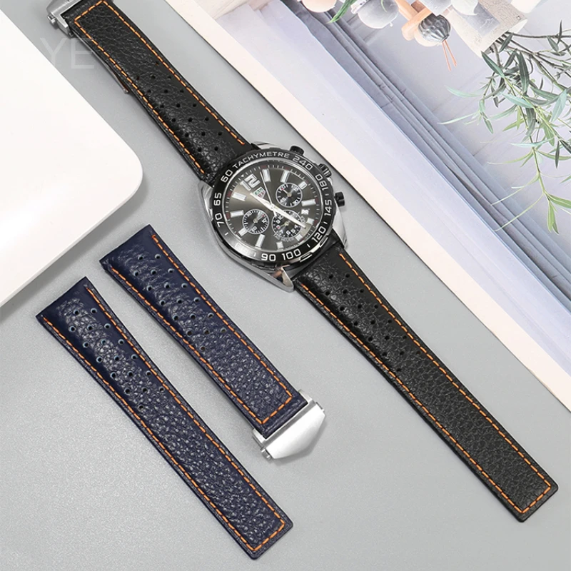 Solid Stainless Steel Folding Buckle Watch Strap for Tag Heuer Monaco Gulf Series Breathable Genuine Cowhide Watchbands 22mm