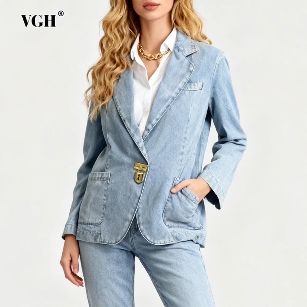 

VGH French Style Solid Solid Denim Jackets For Women Lapel Long Sleeve Spliced Button Autumn Temperament Jacket Female Fashion