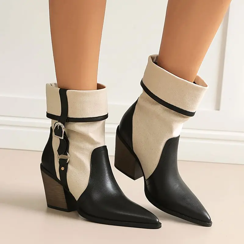 ORCHA LISA Mid Calf Boots for Women Pointed Toe 8cm Chunky Heel Slip On Mixed Color Large Size 42 43 Fashion Botas Black Yellow