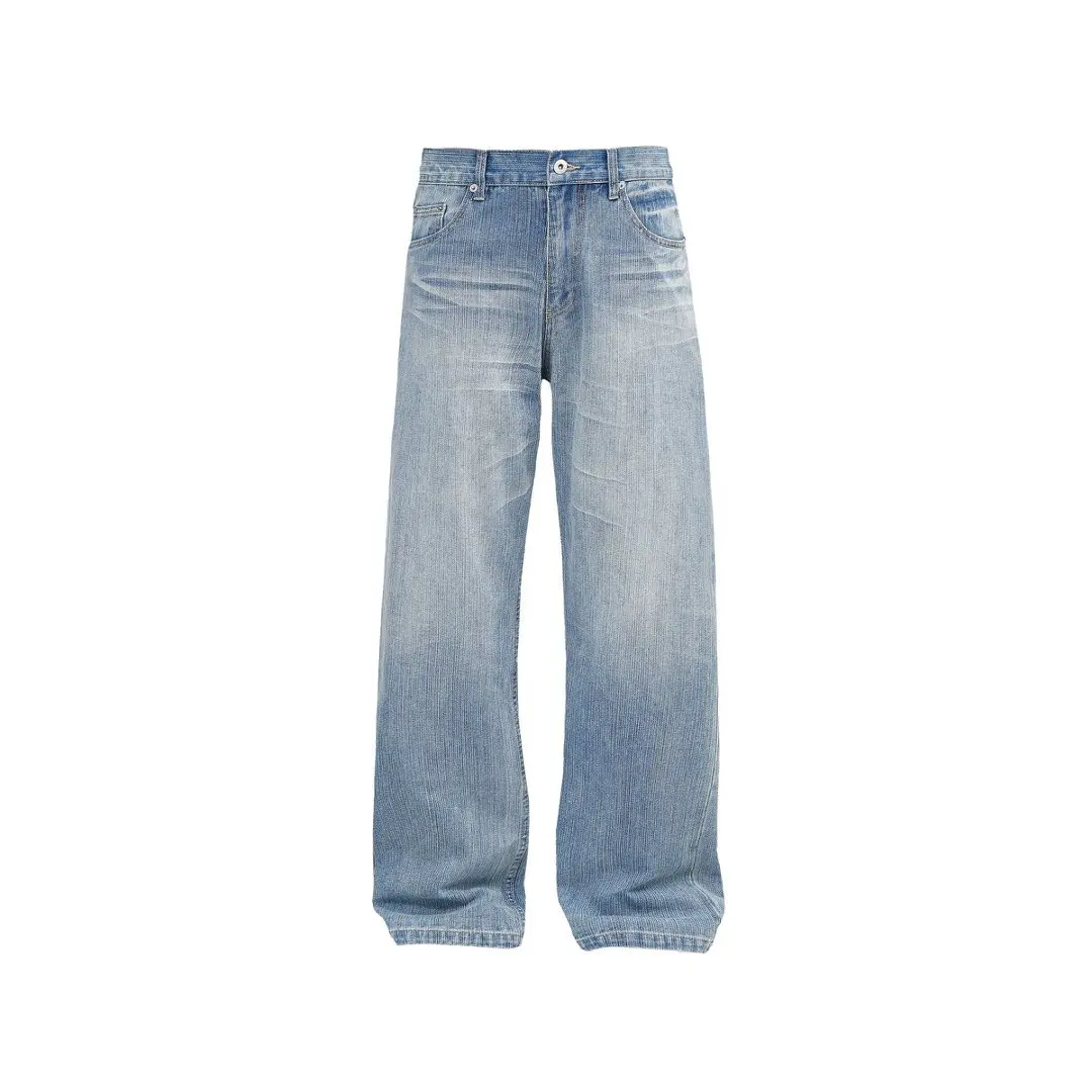 Spring And Summer Light Blue Washed Wrinkled Old Jeans Straight Loose
