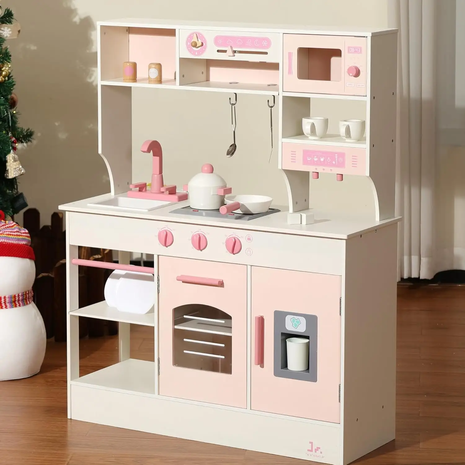 ห้องครัวของเล่นสำหรับเด็ก, ชุดของเล่นครัวไม้พร้อมไฟและเสียง, เครื่องทำน้ำแข็ง, เตาอบและอ่างล้างจาน, ห้องครัวของเล่นสไตล์บ้านทันสมัย, ของขวัญ