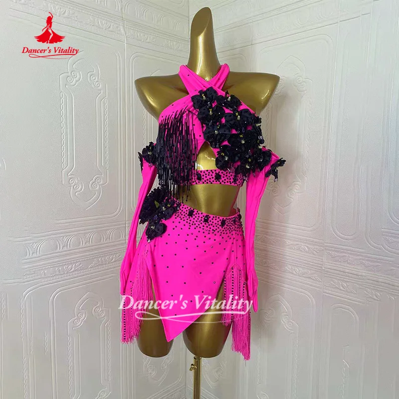 Ensemble de danse latine personnalisé à fleurs exquises, haut + jupe à franges, 2 pièces, tenue de compétition ChaCha Samba pour adultes et enfants, vitalité de danseuse
