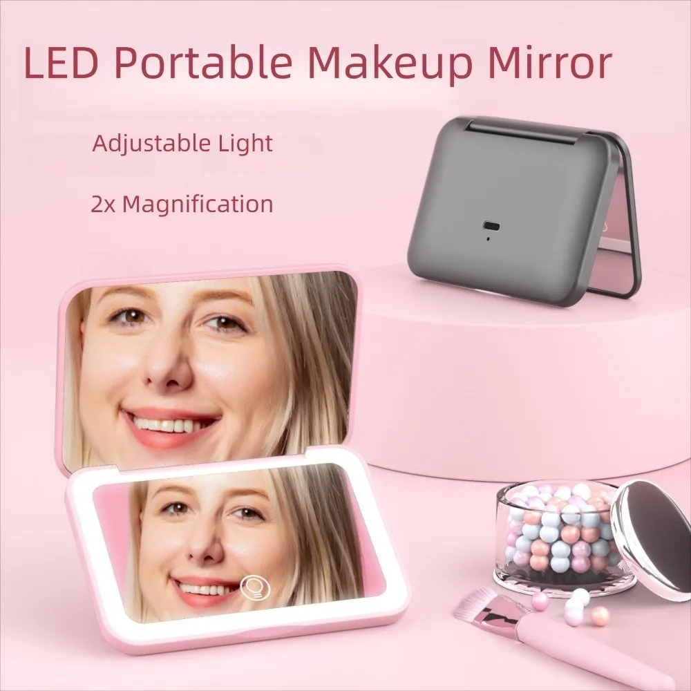 Mini Folding Makeup Mirror Magnifying 3 Color Lighting LED Light Desktop Mirror Touch Screen Dimmable Aesthetic Vanity Mirrors
