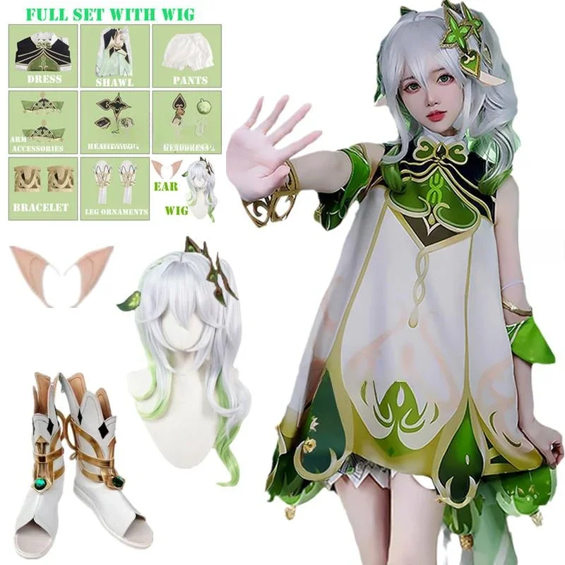 Genshin Impact Nahida Maid Cosplay Costume Lesser Lord Kusanali Wig Cute Style Dress Nahida Genshin Cosplay For Girls Kids Size