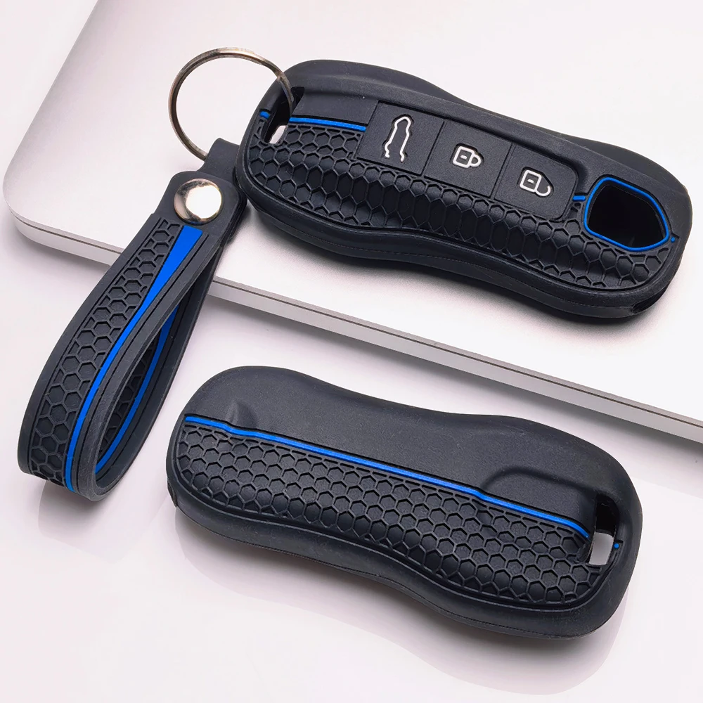 Soft Silicone Key Fob Case For Porsche 911 Cayenne Panamera Macan Taycan 718 Boxster Cayman with short ring loop
