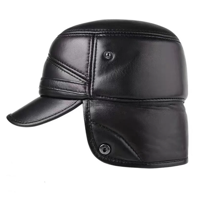 Winter Men\'s Leather Hat Thicken Leather Sheepskin Baseball Caps With Ears Warm Snapback Dad\'s Hats Sombrero De Cuero Del Hombre