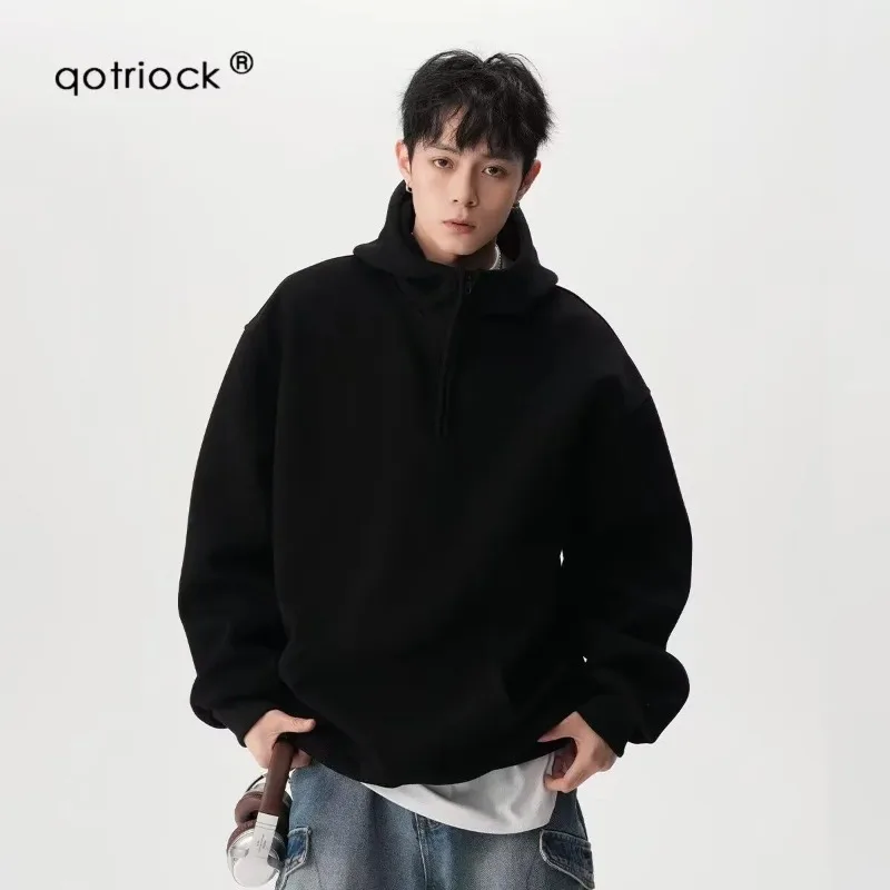 Men's Clothing American Half-zip Hooded Sweatshirt for Men Trendy Brand Spring Autumn Sports Versatile