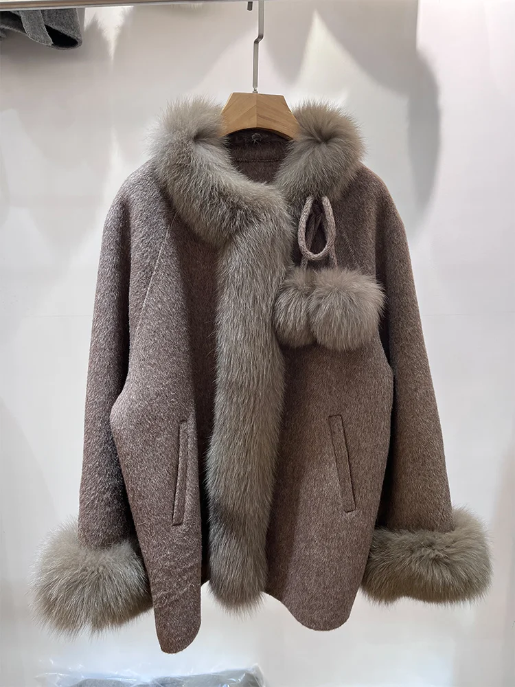 2025 Women Real Fur Coat Natural Fox Fur Collar Cuffs Cashmere Wool Woolen Jacket Outerwear Winter Ladies Cusual Outwear