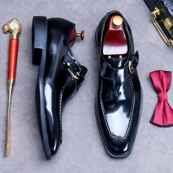 British Style Buckle Cowhide Formal Shoes Men's Versatile Shallow Square Toe Genuine Leather Bright Leather Wedding New Oxfords
