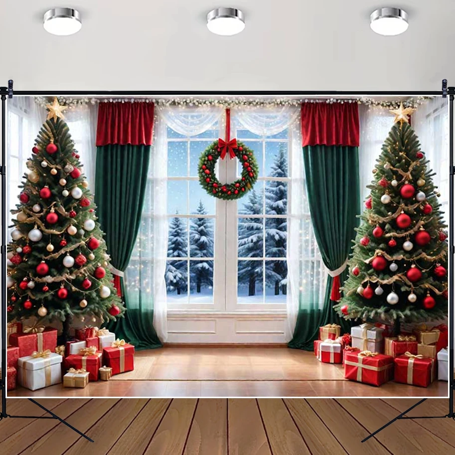 

MOON.QG Christmas Xmas Trees Decoration Backgrounds For Photographs Window Curtains Backdrop Poster Props Portrait Wallpaper