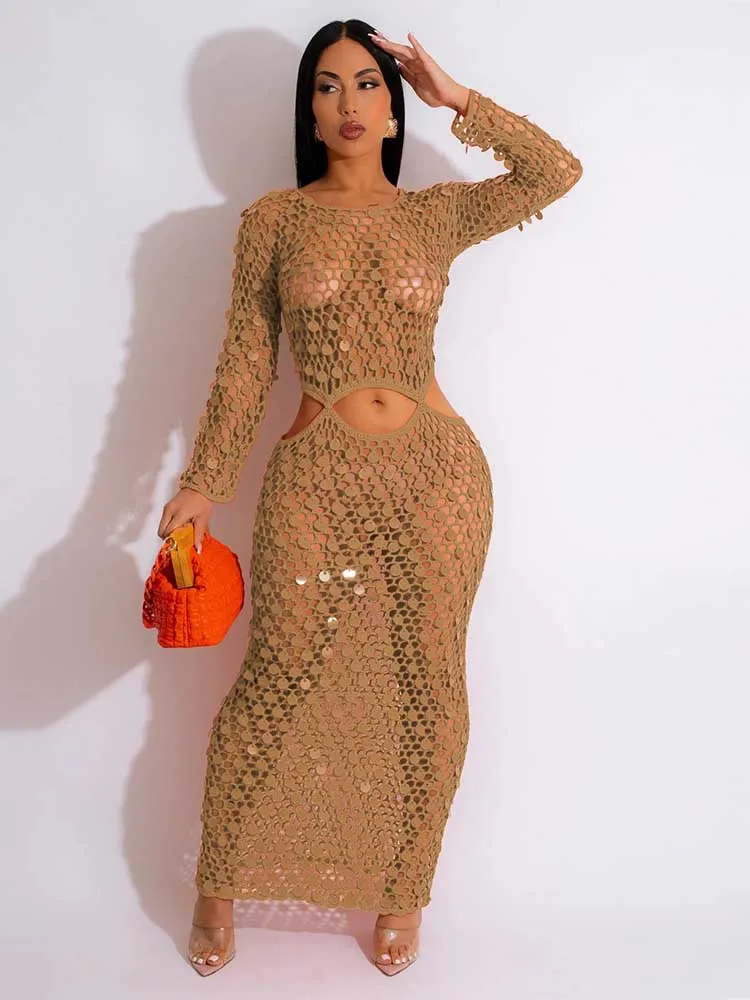 

Long Women Dress Spring Hollow Out Waist Sexy Evening Dress Elegant Transparent Sequin Dress Party Wholesale Dropshipping